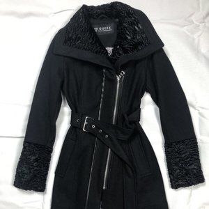 GUESS Asymmetrical Black Wool Blend Belted Trench Coat Pockets Women's Size XS